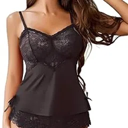 febeul Sexy Transparent Pajama Set for Women Lace Cami and Shorts Two Piece Satin Lingerie Honeymoon Western Nightwear Dress-picture-47