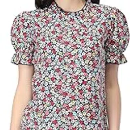 zuvino Women's Casual Trendy Floral Top with Stylish Short Puffed Sleeves Western Ruffled Collar 100% Viscose Rayon-picture-43