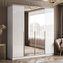 Grand furnish Modern Wardrobe with Mirror, 3 Doors, 2 Drawers, Engineered Wood, White and Gold-image-11