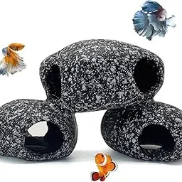 Mistletoe Cichlid Rock Cave Betta Hideout Resin Aquarium Decoration Caves Small Fish Shelter Stone Hideaway Resin Fish Tank Accessories Ornaments for Crayfish Aquatic Breed Rest Play (Black)-image-13