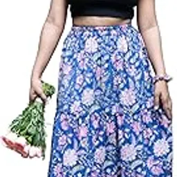 giira Jaipur Cotton Floral Print Long Skirt, Three-Tiered, Elasticated Waist, Blue and Pink-picture-56