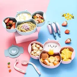 Babymoon Set of 6 | Silicone BPA Free Baby Kids Feeding Dinner Set Gift Box | Dinner Plate, Twisted Spoon & Fork, Suction Bowl Cup, Snap Straw, Chopsticks | Pink-picture-12