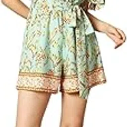 Women Floral Printed V-Neck Waist Tie-Up Wrap Mini Playsuit-image-77