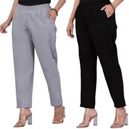 venitywave Women's Regular Fit Elastic Waist Full Length Cotton Formal Straight Trouser | Pants for Casual Wear and Office Work (Combo - 2)-picture-51