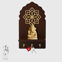 Wooden Wall Shelf with Key Holder | Decorative Handcrafted Wall Hanging Shelf with Hooks | Multipurpose Organizer for Keys, Small Items & Home Décor – Brown-image-23