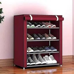 SANSIM Multipurpose 4-Tiers Shoe Rack with Dustproof Zip Cover, Multiuse Wide Space Storage Rack made by Non Woven Fabric for footwear, Toys, clothes (4 Shelves) MAROON Plastic Non Woven-picture-17