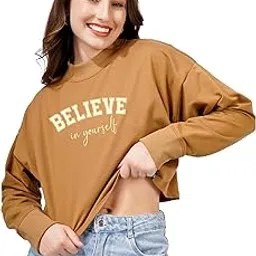 blueficus Women Cotton Blend Crop Sweatshirt with Believe in Yourself Print | High Neck Graphic Pullover | Trendy Casual Winter Wear for Women & Girls-picture-38
