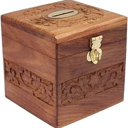 CraftsX2Z Wooden Piggy Bank | Wooden Money Box | Wooden Coin Box | Wooden Money Bank Coin Storage Bank For Kids And Adults, Brown, artdeco image 1
