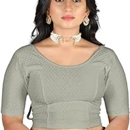 miss wears Women's Slim Fit Readymade Stretchy Pure Cotton Dobby Elbow Length Saree Blousecotton-dobby-1-mw-grey-ls image 1
