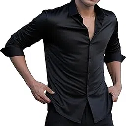 indoprimo Men's Casual Button Down Long Sleeve Satin Plain Shirt-picture-40