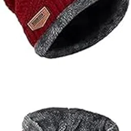 Set of 1 Piece Maroon Winter Beanie Hat Scarf Set Warm Knit Thick Fleece Lined Skull Cap Neck Warmer for Men Women-image-4