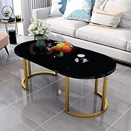 CROWN ART SHOPPEE Modern Oval Faux Marble Coffee Table with Gold Metal Frame Living Room Table with Shelf Cocktail Table (Black GD2)-image-11