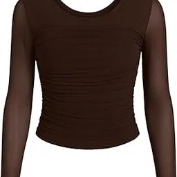 Women's Long Sleeve Ruched Top, Burgundy Red, Mesh Sleeves-picture-35