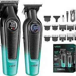 VGR V-196 & 996 Professional Barber Combo Hair Clipper & Trimmer Kit for Men, LED Display, Ceramic & Titanium Blades, 10 Guide Combs, USB Charging, Cordless Grooming, Home & Salon Use (Green/Black)-picture-46