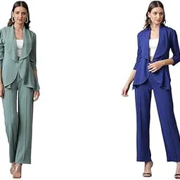 kotty Women's Solid Relaxed Fit 3/4 Sleeve Co-ord Blazer and Trouser Set Women's Solid Relaxed Fit 3/4 Sleeve Co-ord Blazer and Trouser Set. Royal Blue-picture-22