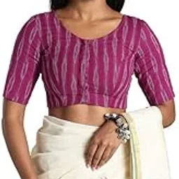 naidu hall Women’s Cotton Ikat Blouse U Neck Princess Cut Designer Saree Blouse with Elbow Sleeves Blouse Top for Saree-picture-18