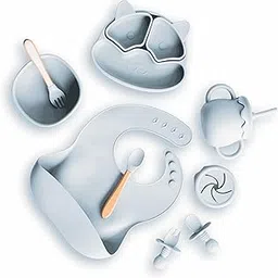 Les Enfants' Silicone 6 Pc Feeding Set for Baby/Toddler/Kids, Includes Suction Plate, Easy Grip Cup, Non-Slip Base Bowl,Spoon, Fork, Bib, 100% Food Grade Silicone, Microwave Safe, FDA Approved (Blue)-picture-69