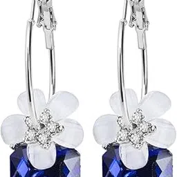 yellow chimes Earrings For Women Silver Hoop With Flower and Blue Stone Hanging Drop Earrings For Women and Girls-picture-30