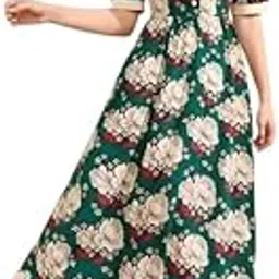 hkv Vintage Floral Midi Dress, Green with White Flowers, Puff Sleeves, Collared Neck, Tea Length-picture-53