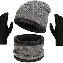 Winter Knit Beanie Cap Hat Neck Warmer Scarf and Woolen Gloves Set Skull Cap for Men Women/Winter Cap for Men (Grey Color-3 Piece)(Tru-Cap-04-image-5