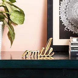 PURESTORY Smile Sign Decor | Decorative Items For Home Living Room | Metal Word Sign | Gift Items For Home Decoration | Decoration For Room, Library | Tabletop For Gallery & Office - Gold-image-3