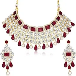 sukkhi Traditional Gold Plated and American Diamond Choker Necklace for Women (Red) (N73501)-picture-22