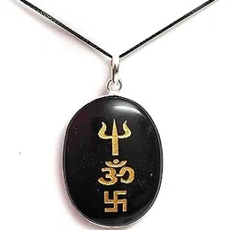 astroghar Auspicious Black Tourmaline Crystal Engraved Tri shakti Protection Symbol Om Swastik Trishul Pendant For Men And Women-picture-12