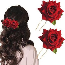 TEMPERIA (2pcs) Hair Accessories For Women & Girls - Stylish Red Rose Artificial Flowers Bun Juda U Pins & Clips for Style & Decoration - Bridal Brooch & Braid for Hairstyle of Bride, Wedding & Party-picture-19