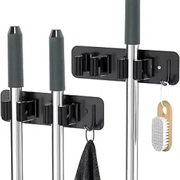 JIALTO 2 Pcs Broom Holder Wall Mounted – No Drill Mop Organizer, Heavy Duty Wall Hanger for Brooms, Mops & Cleaning Tools – Ideal for Kitchen, Laundry Room, Bathroom & Garage Storage (Black)-picture-10