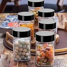 le chiic 300ml Cube Storage Glass Jars - Set of 6, Each, Clear | BPA-Free | Kitchen Storage | Modular Design | Multipurpose | Ideal for Cookies Black Plastic Lid (Jar-Pack Of 6)-picture-43