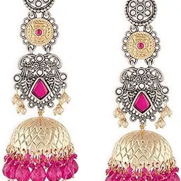 zaveri pearls Rani Pink Stones Beads Embellished Two Tone Antique Statement Jhumka Earring For Women-ZPFK19081-picture-35