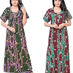 Tout ENSEMLE Nighty for Women Cotton Printed Maxi Gown Ankle Length Nighty Night Dress Gown for Women Maxi - Free Size (Pack of 2)-image-1