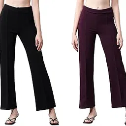 mehrang Cotton Blend Bootcut Parallel Trouser Pants for Women Regular Fit, Bellbottom Straight Pants for Womens (Pack of 2)-picture-57
