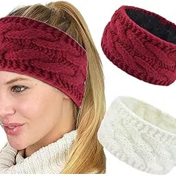 gortin Winter Headbands Knitted Headbands Fuzzy Thick Head Wrap Women's Ear Warmer Hair Band Elastic Fleece Lined Head Band Stretch Cable Headband for Women Pack of 2 (Beige+Red)-picture-38