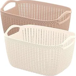 Kuber Industries Plastic 2 Pieces Multipurpose Large Size Flexible Storage Baskets/Fruit Vegetable Bathroom Stationary Home Basket with Handles (Peach & Cream) -CTKTC42921-picture-19