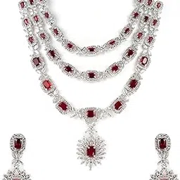 American Diamond Necklace Set for Women | Blue Stone 3 Layered Stylish Jewellery Set | Rhodium Plated Jewellery for Girls | Party & Traditional Look-image-22