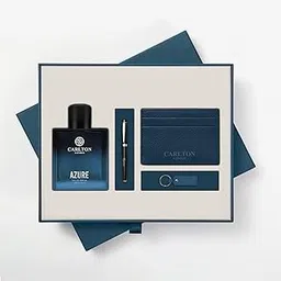 Carlton London Men's Azure Perfume Gift Set 50ml Perfume Key Chain Card Holder Pen Blue-picture-20