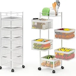 Homestic Set of 2 Kitchen Storage Rack | 5-Tier Revolving Vegetable Rack | Square Storage Trolley with Wheels | Metal Fruit Rack | White-picture-12