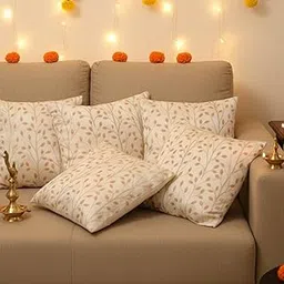 Twig & Curio Premium Velvet Sofa Cushion Cover Set of 5| Beige with Floral Leaf Design| Cushion Cover 16 Inch x 16 Inch| Fade Resistant Throw Pillow Covers with Concealed Zip for Sofa & Bedroom-picture-42