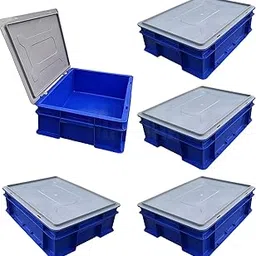 MAHIRA Plastic Crate 40x30x12 CM With Lid - Pack of 5, Multipurpose Heavy Duty Portable Crates for storage | Shelf Basket for Large Storage Bin | Vegetable, Fruit, Milk image 1