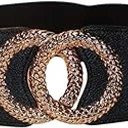 Elastic Waist Belt with Double Ring Gold Buckle, Black Leather Look, 28-42 Inch Waist, 2.36 Inch Wide-picture-49