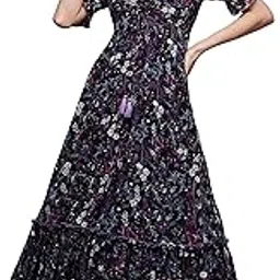miss chase Women's Fit and Flare Ankle Length V-Neck Puff Sleeve Floral Ruching Dress with Pockets-picture-27
