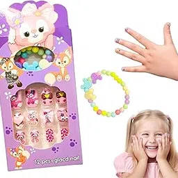 Apeak Press On Nails for Kids with Jelly Glue & Bracelet | 12Pcs Cute Cartoon Fake Nails Kit for Girls | Safe & Reusable Short Artificial Nails | Easy DIY Manicure for Parties, Gifts & Fun Nail Art (Design-1)-image-18