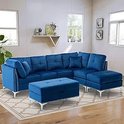 cortex CRT152 Solid Sal Wood Suede Velvet Upholstered 5 Seater Right Hand Side Facing Button Tufted Chesterfield Modular, Sectional, Corner L Shape Sofa Set for Living Room, Blue Color-picture-22