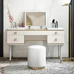 Vandana Interiors Luxury Makeup Vanity Set with Stool, Flip-Top Mirror, Stainless Steel, HDF Cabinet, Solid Wood Drawer, for Bedroom,-image-41