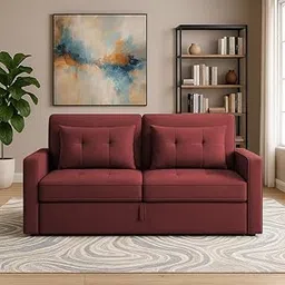 SOFALIZE - Modern Channel Tufted Sofa Cum Bed 2 Seater Flat Arms Decorative Pillow with Chesterfield Design Sofa Cum Bed for Living Room, Bedroom, Guestroom, Hallways. (Mahroon)-image-43