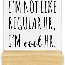 QASHWEY HR Gifts Office Desk Decor, Human Resources Gifts Wood Table Signs, HR Human Resources Office Decor, I'm Not Like Regular HR I'm Cool HR Wooden Plaque with Wooden Stand for HR Home Office-picture-49