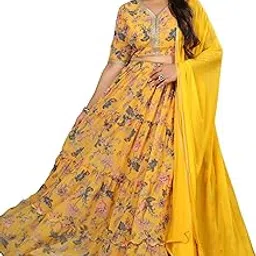 janasya Women's Plus Size Yellow Georgette Floral Printed Tiered Lehenga Choli Set-picture-31