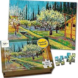 91Knots | Orchard Bordered by Cypresses-Vincent Van Gogh's Masterstrokes | Wooden Small Jigsaw Puzzle for Kids and Adults 5 Years and Above | A5 Size-140 Pieces | Art Puzzle | Gifts for Christmas image 1