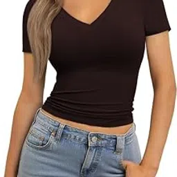 Womens Short Sleeve V Neck Basic Crop Top Summer Fitted Teen Tee Shirt Blouses for Girls B L2695 NK-image-83